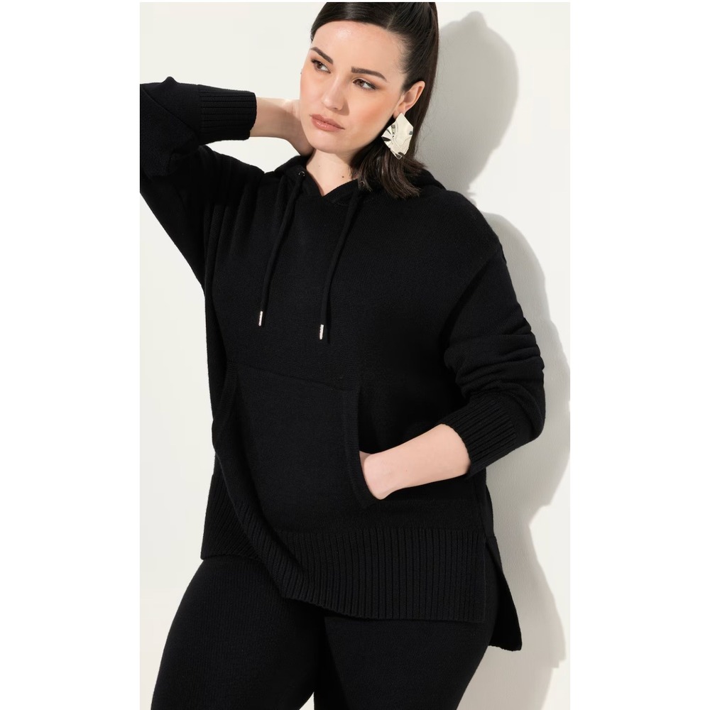 Ulla Popken Womens Black Knit Hoodie Sweater Plus Size 20/22 High-Low Hem 830966